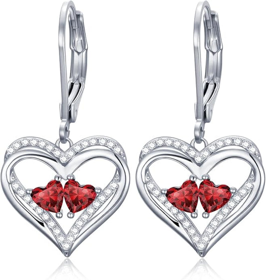 Heart Leverback Earrings Double Birthstone Dangle Earrings for Women, Love Jewelry for Her, Christmas Gifts for Women, Anniversary Birthday Gift for Mom Wife Girlfriend