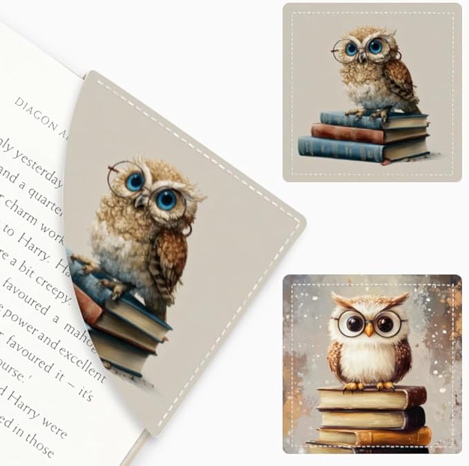 2PCS Leather Bookmarks 3.54 x 3.54 Inch Cute Owl with Glasses on Books Design Reading Accessories for Books Journals Bibles Travel Diary Students Teachers and Book Lovers Gift