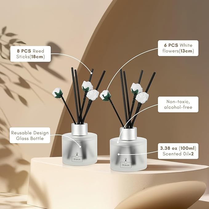 Brakula 2 Pack Reed Diffuser Set, Sandalwood Rose Scented, Home Fragrance with 14 Sticks Bathroom Decor, Reed diffusers for Home 6.76 fl oz (Sandalwood Rose)