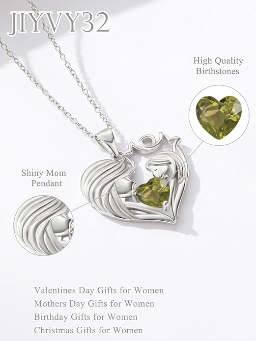 Mother and Daughter/Son Love Heart Necklace White Gold/14K Gold/Rose Gold Birthstone Jewelry Christmas Mothers Day Birthday Gifts For Mom Wife Grandma Women