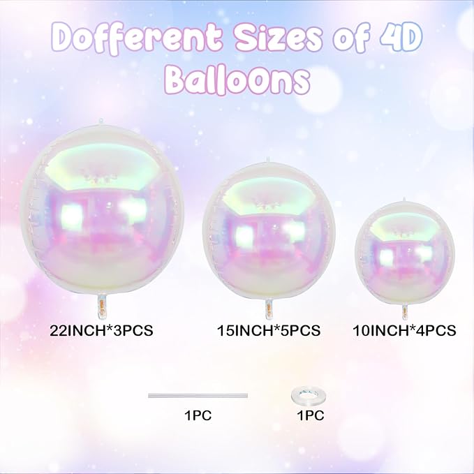 12PCS Iridescent Round Foil Balloons, 22" 15" 10" Large 4D Ball Balloons Holographic Mirror Balloon for Wedding Baby Shower Mermaid Princess Birthday Party Decorations