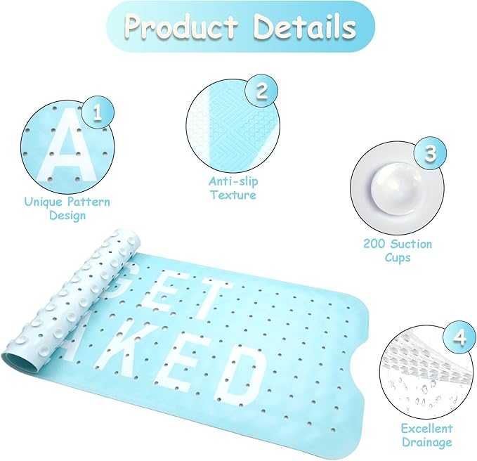 Bathtub Mat Non Slip, Get Naked Extra Long Bath tub Mat Shower Floor Mat with Suction Cups and Drain Holes for Adults Kids Elderly 40 X 16 Inch