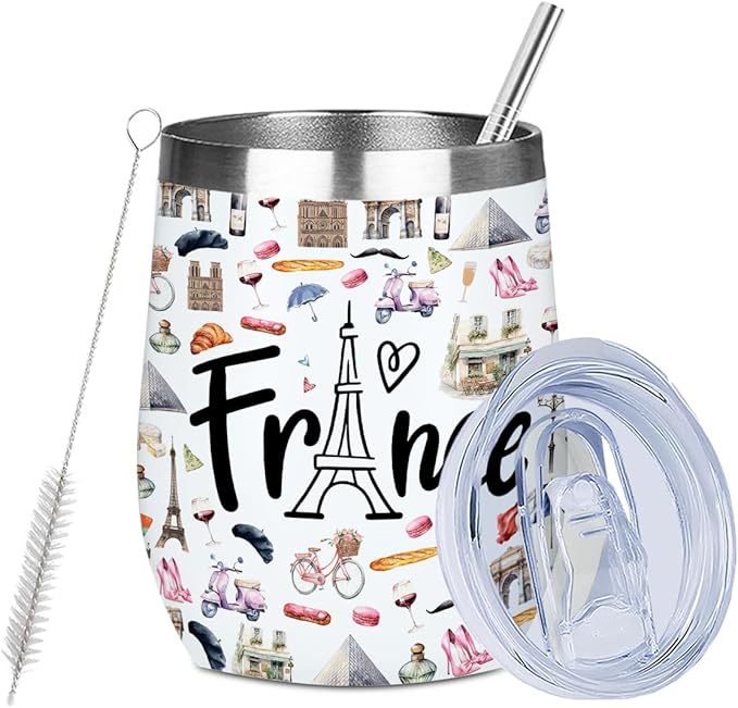 France Paris Travel Souvenir 12oz Insulated Cup with Lid Straw Wine Tumbler Double Wall Vacuum Insulated Travel Cup,Travel Weekender Gifts for Women Men Sister Bestie Girl Christmas Birthday Halloween
