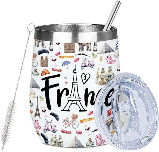 France Paris Travel Souvenir 12oz Insulated Cup with Lid Straw Wine Tumbler Double Wall Vacuum Insulated Travel Cup,Travel Weekender Gifts for Women Men Sister Bestie Girl Christmas Birthday Halloween