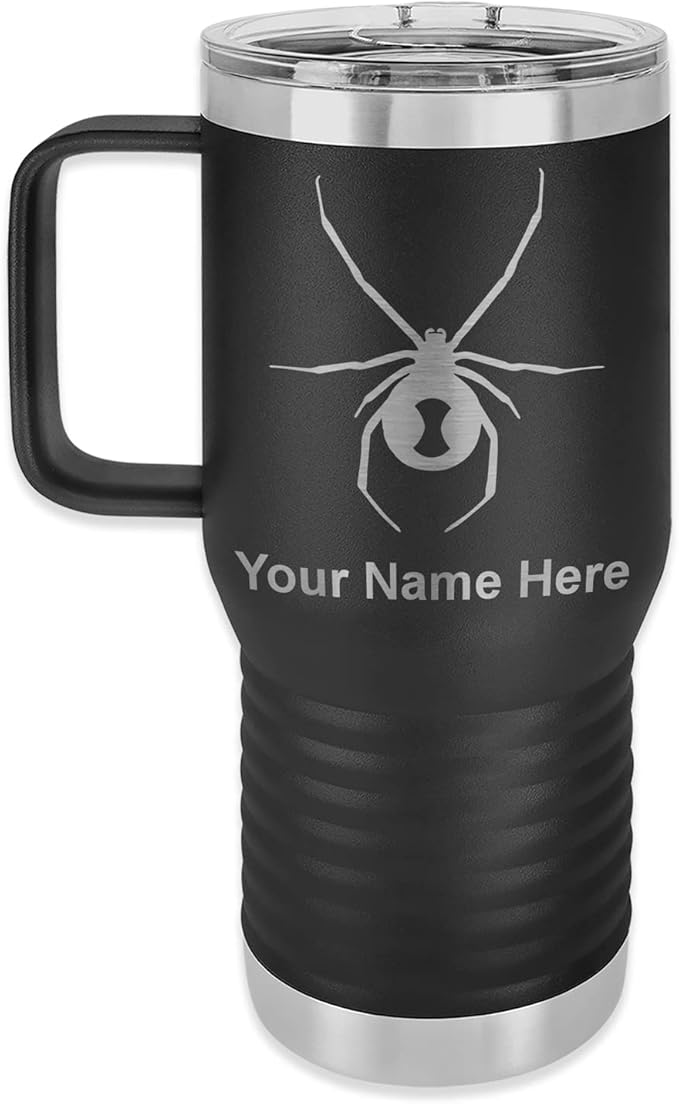 LaserGram 20oz Vacuum Insulated Travel Mug with Handle Widow Spider, Personalized Engraving Included (Black)