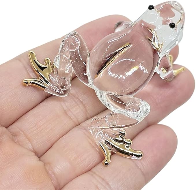 WitnyStore 2" Clear Frog Gold Toes Artistic Blown Glass Figurine Premium Hand-Blown Statue Tabletop Decoration Unique Collectible for Adult Collectors Handcrafted Elegant Home Room Decor