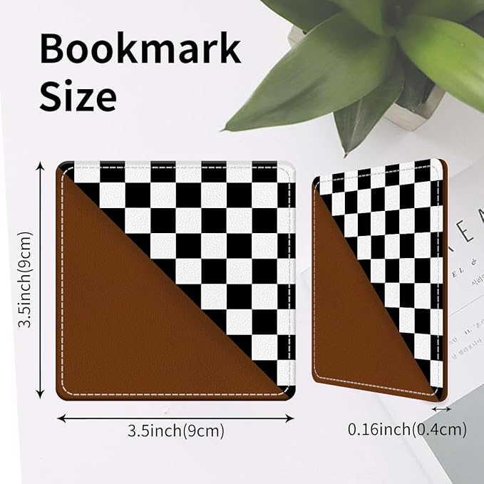 Cute Leather Bookmarks, Fun Triangle Making Corner Bookmark, Book Accessories for Reading Book Lovers, Unbreakable Page Markers for Women Men Black White Plaid