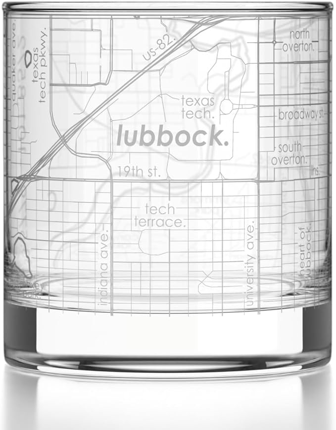 Well Told Engraved Lubbock Texas Map Rocks Glass, Old Fashioned Glassware (11 oz, Clear) Etched Bourbon Tumbler, Gifts For Whiskey Lovers