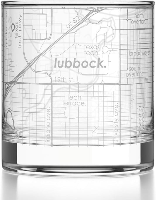 Well Told Engraved Lubbock Texas Map Rocks Glass, Old Fashioned Glassware (11 oz, Clear) Etched Bourbon Tumbler, Gifts For Whiskey Lovers