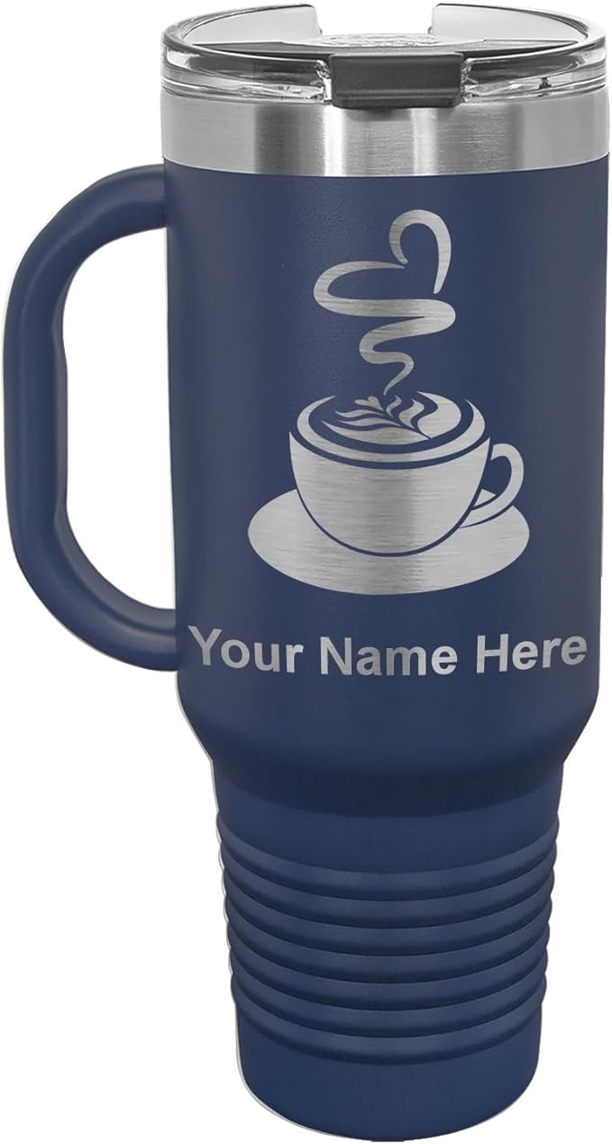 LaserGram 40oz Vacuum Insulated Travel Mug with Handle, Cup of Coffee, Personalized Engraving Included (Navy Blue)