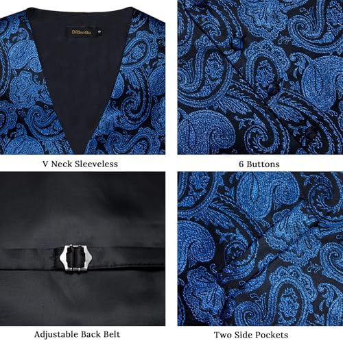 DiBanGu Mens Vest and Tie Set Formal Paisley Waistcoat and Necktie Pocket Square Cufflinks Silk Suit Vest for Tuxedo Wedding - Image 4