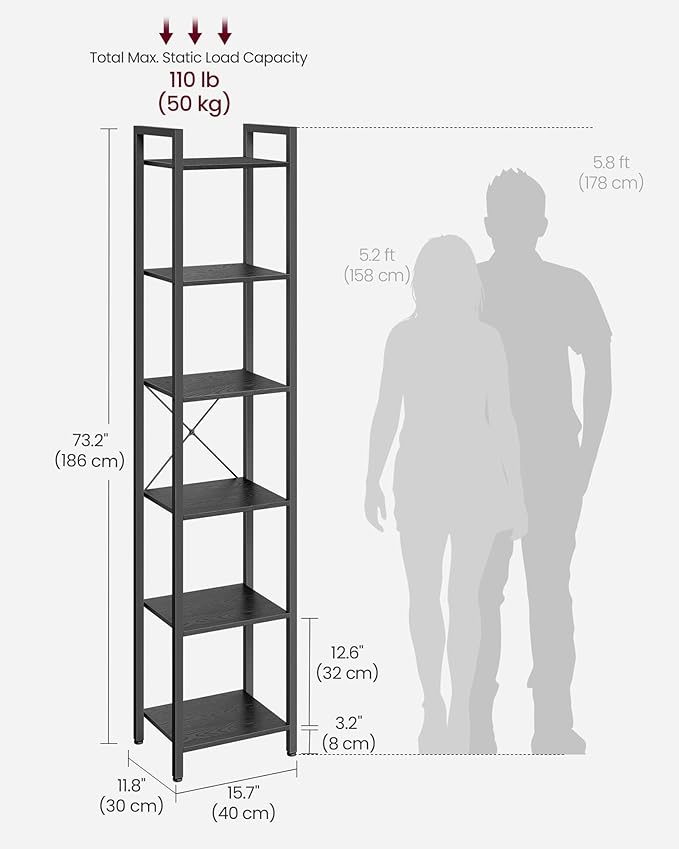 VASAGLE 6-Tier Bookshelf, Bookcase with Steel Frame, Book Shelf for Living Room, Home Office, Study, 11.8 x 15.7 x 73.2 Inches, Industrial Style, Ebony Black and Ink Black ULLS101B56