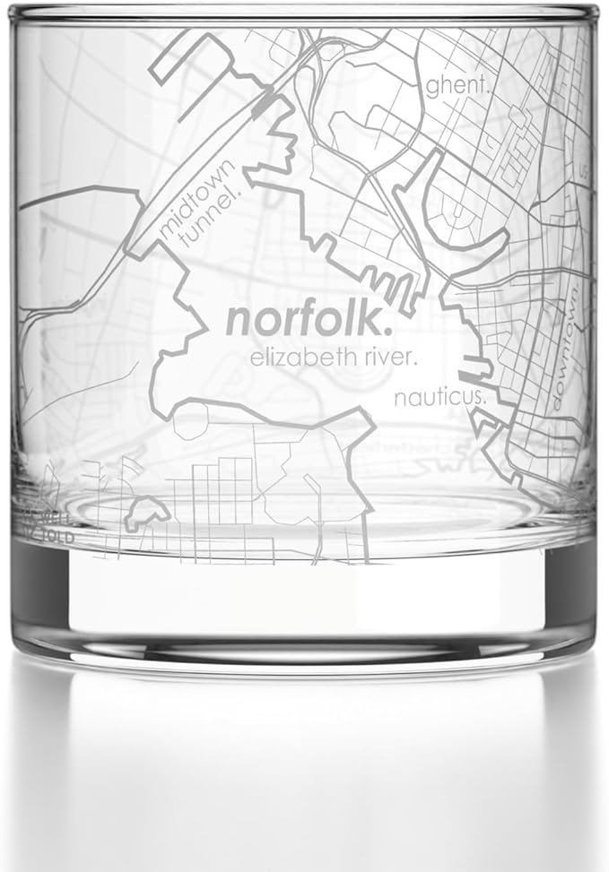 Well Told Engraved Norfolk Virginia Map Rocks Glass, Old Fashioned Glassware (11 oz, Clear) Etched Bourbon Tumbler, Gifts For Whiskey Lovers