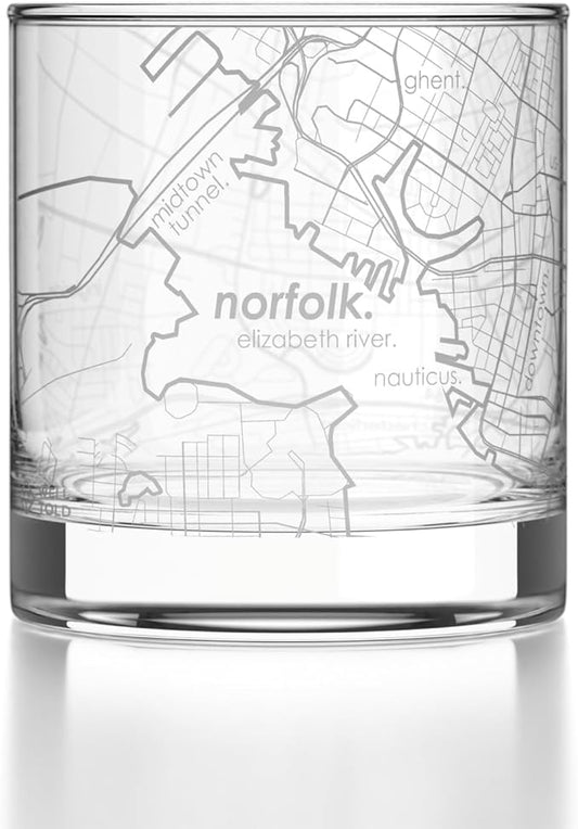 Well Told Engraved Norfolk Virginia Map Rocks Glass, Old Fashioned Glassware (11 oz, Clear) Etched Bourbon Tumbler, Gifts For Whiskey Lovers