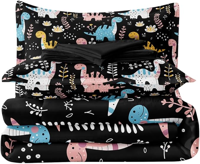 Boys Dinosaur Comforter Sets Full 5PCS,Dinosaur Cute Bedding Set for Kids,Cartoon Dinosaurs Twin Comforter Set,Boys Bed in a Bag with Flat Sheet and Fitted Sheet,Pillowcase