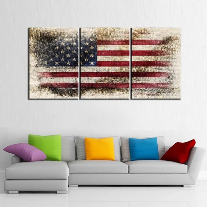 Native American Artwork Patriotic Star Flag Picrtures for Living Room Red Blue Stripes Wall Art 3 Panel Grunge Canvas Painting Rustic House Decoration Framed Gallery-Wrapped Ready to Hang(60''Wx28''H)
