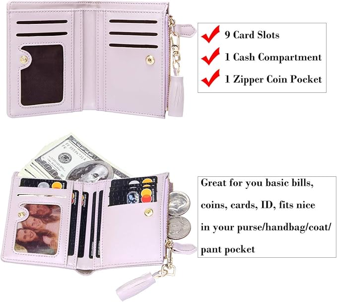 GEEAD Small Wallets for Women Bifold Slim Coin Purse Zipper ID Card Holder PU Leather Light Purple