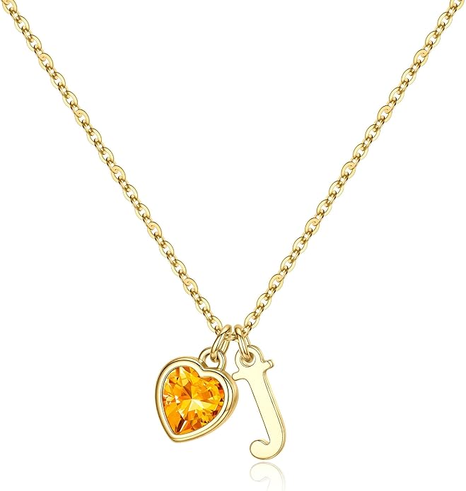 Turandoss Valentines Day Gifts for Her Trendy, Dainty 14K Gold Plated Initial A-Z Heart Birthstone Pendant Necklace Personalized Bridesmaid Birthday Valentines Jewelry Gifts for Women Girls