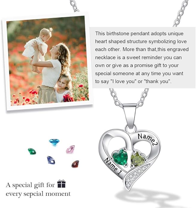 Sterling Silver Personalized 2 Names Necklace with 2 Heart Simulated Birthstone Couple Pendant Necklace for Women