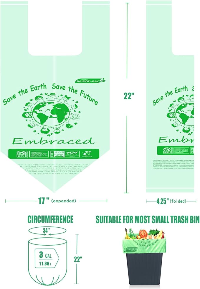 BEIDOU-PAC 100% Compostable Trash Bags, 3 Gallon Compost Bags Small Kitchen Trash Bags with Handle, 200 Count Sturdy Biodegradable Garbage Bags Food Scrap Waste Bags, ASTM D6400, US BPI Certified