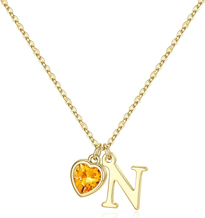 Turandoss Valentines Day Gifts for Her Trendy, Dainty 14K Gold Plated Initial A-Z Heart Birthstone Pendant Necklace Personalized Bridesmaid Birthday Valentines Jewelry Gifts for Women Girls