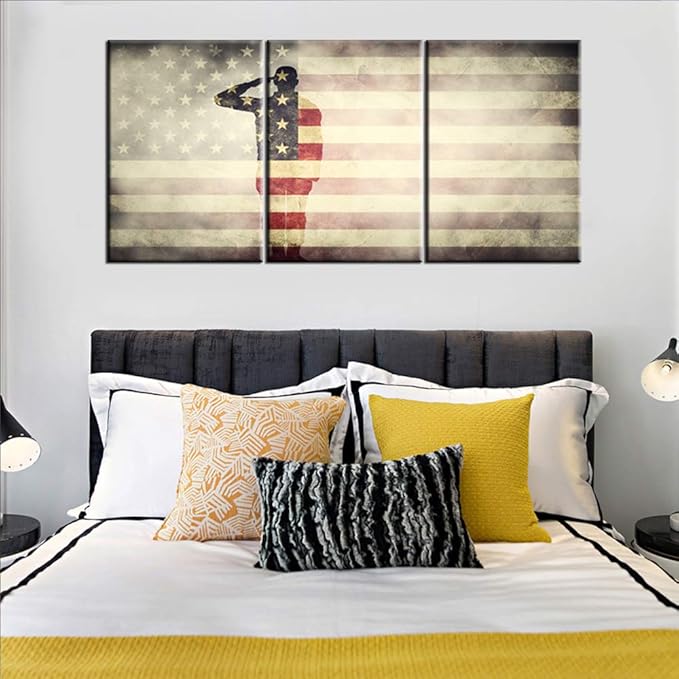 Native American Flag Picture Soldier Saluting Silhouette Paintings 3 Piece Canvas Wall Art for Living Room Stars Stripes Artwork Home Decor Giclee Framed Ready to Hang Posters and Prints(60''Wx 28''H)