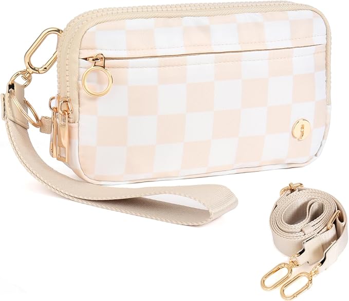 Checkered Wristlet Wallets for Women RFID Blocking Small Zipper Nylon Crossbody Bag for Travel Card Phone Organizer Purse with ID Window and 2 Detachable Straps Beige Checkered