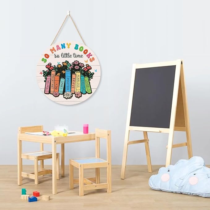 CHDITB Reading Book Wooden Hanging Sign, Colorful Inspiration Saying Books Wooden Plaque, Library Wood Sign for Bookish, So Many Books So Little Time Wall Hanging for Read Corn Classroom Decor