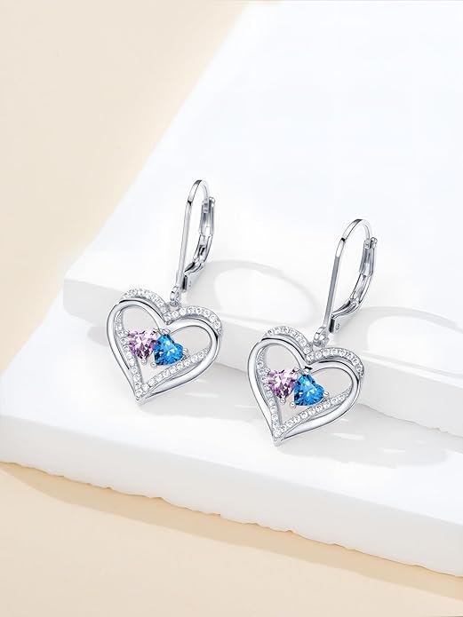 Heart Leverback Earrings Double Birthstone Dangle Earrings for Women, Love Jewelry for Her, Christmas Gifts for Women, Anniversary Birthday Gift for Mom Wife Girlfriend