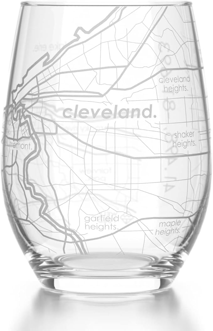 Well Told Engraved Cleveland Ohio Map Stemless Wine Glass, Etched Glass (15 oz, Clear) City Custom Gifts for Lovers