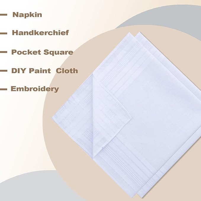 GB Men's Handkerchiefs 100% Cotton Solid White with Stripe Large Classic Hankies Bulk Set