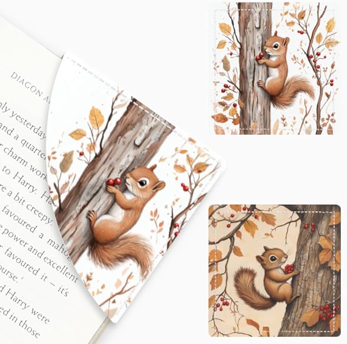 2PCS Leather Bookmarks 3.54 x 3.54 Inch Autumn Squirrel with Red Berries Design Reading Accessories for Books Journals Bibles Travel Diary Students Teachers and Book Lovers Gift