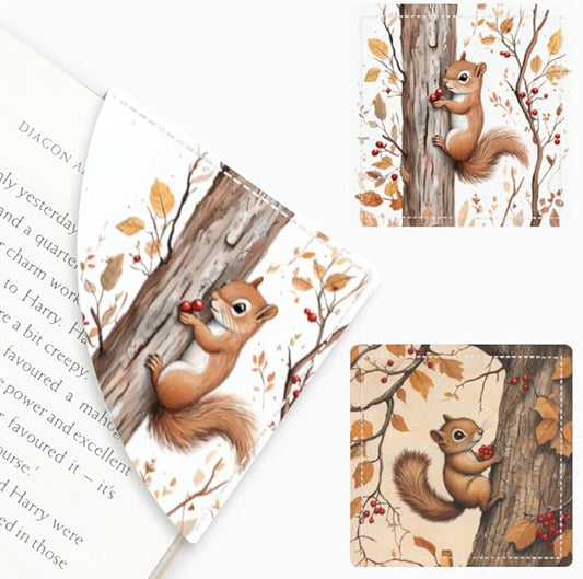 2PCS Leather Bookmarks 3.54 x 3.54 Inch Autumn Squirrel with Red Berries Design Reading Accessories for Books Journals Bibles Travel Diary Students Teachers and Book Lovers Gift