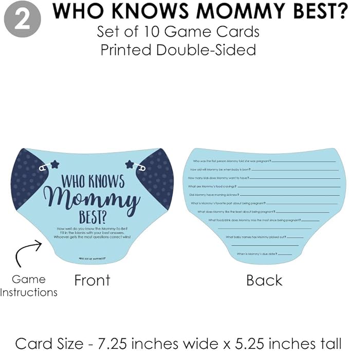 Big Dot of Happiness Baby Boy - 4 Blue Baby Shower Games - 10 Cards Each - Who Knows Mommy Best, Mommy or Daddy Quiz, What’s in Your Purse and Oh Baby - Gamerific Bundle