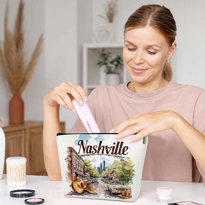 Nashville Travelling Gifts Makeup Bag, Watercolor Gift, Nashville Souvenir, Travel Cosmetic Bag for Purse, Trip Favors for Traveller, Travelling Lovers, City Themed Organizer