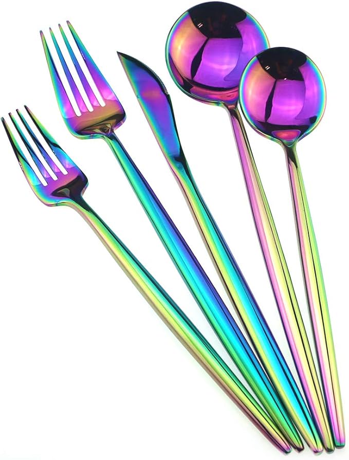 Gugrida 20-Piece 18/10 Stainless Steel Luxury Mirror Polished Rainbow Colorful Silverware Flatware Cutlery Set Service for 4 Include Knife Fork Spoon Dessert Fork Teaspoon Dishwasher Safe