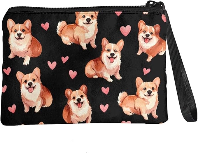 Dolyues Womens Coin Purse Zipper & Wrist Strap Wallets, Corgi and Love Printed Canvas Change Pouch for Women Girls, Organizer Purses Wallet for Coins/Card