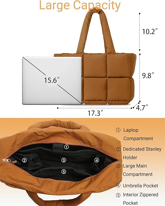 Herald Puffer Tote Bag for Women, Large Quilted Puffy Handbag Lightweight Satchel Purse with Cup Holder & Compartment