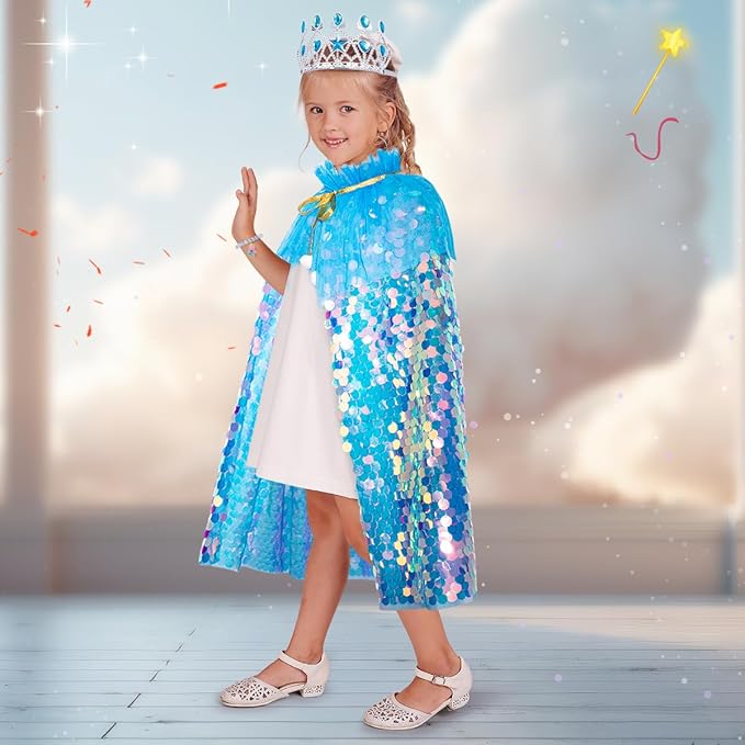 Meland Princess Dress Up for Girls 3-8, 11Pcs Mermaid Cape with Crown, Dress Up Clothes Birthday Gift Toys for Girls Toddlers