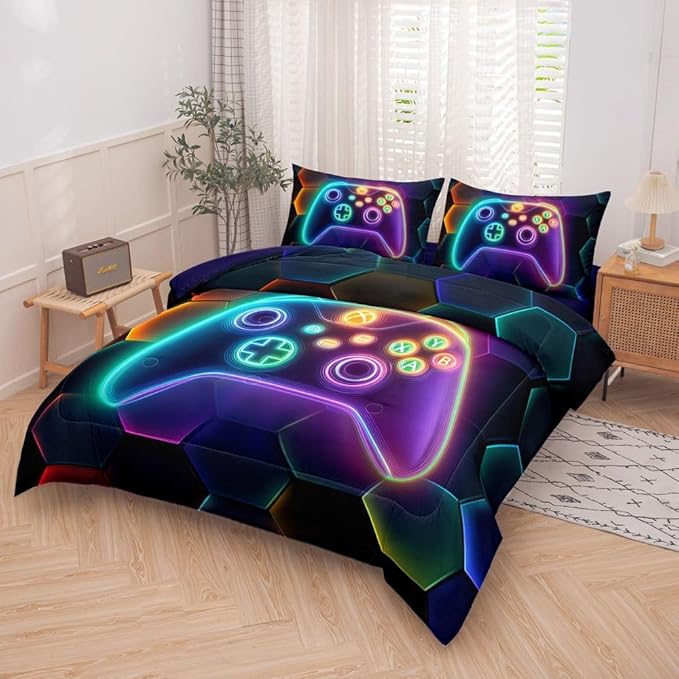 5PCS Gaming Comforter Sets Queen,Queen Comforter Set for Boys,Gaming Geometry Bed Set for Boys,Adults,Teens,All Season Use