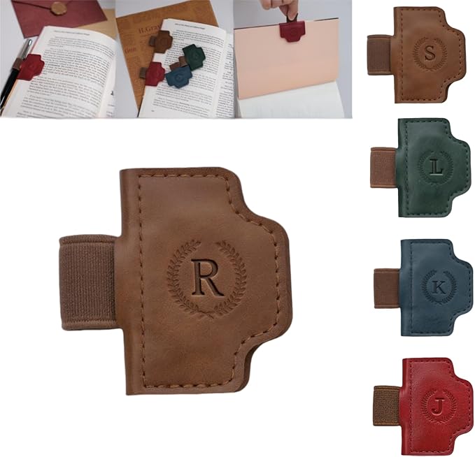 Personalized Magnetic Bygone Mark Bookmark with Pen Holder, 26 Letters Name Initial Custom Leather Book Mark for Women, Gifts for Book Lovers and Readers (Brown,R)
