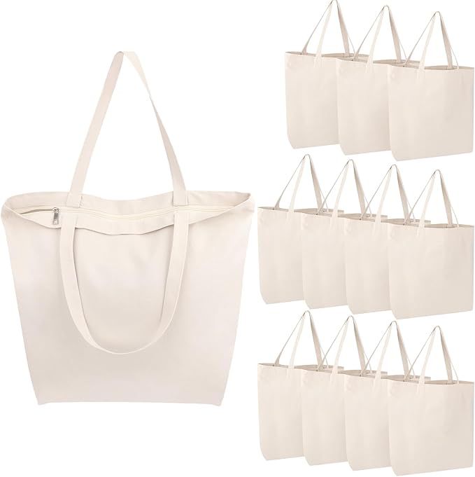 Segarty Canvas Bag with Zipper, 12 Pack 18x15 Blank Canvas Tote Bags for Women, Reusable Bags Aesthetic with Natural Cotton Cloth, Shoulder Strap, Bulk for DIY, Grocery, Beach, Travel，Gift