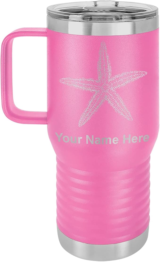 LaserGram 20oz Vacuum Insulated Travel Mug with Handle, Starfish, Personalized Engraving Included (Pink)