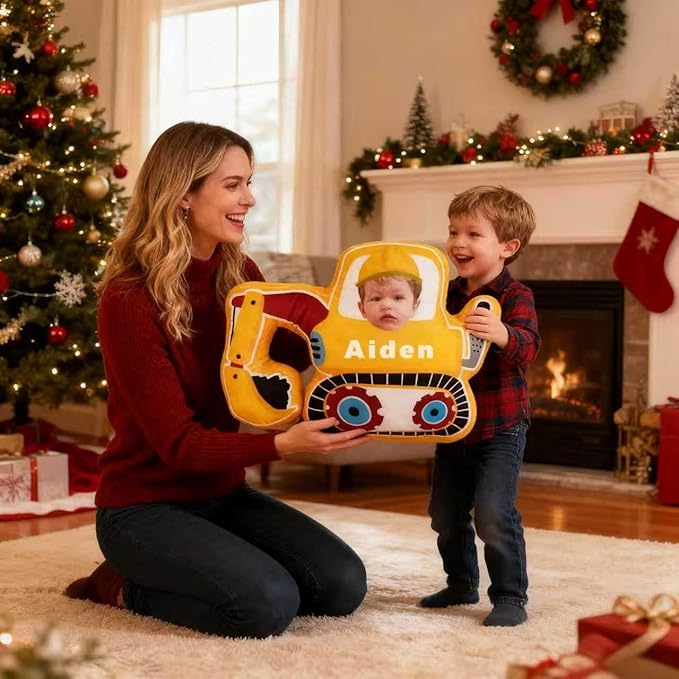 Custom Excavator Shaped Pillow with Kids Face and Name Personalized Construction Vehicle Pillow for Boys Customized Soft Plush Pillow for Room Decor Play Perfect Birthday for Kids