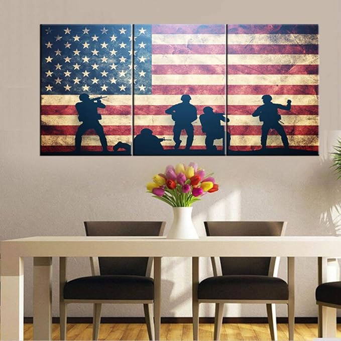 Native American Flag Artwork for Living Room 3 Panel Blue Canvas Pictures Red Stars Stripes Paintings Giclee Patriotism Wall Art Modern Home Decor Framed Ready to Hang Posters and Prints(48''Wx24''H)