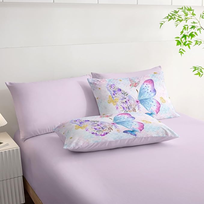 7Pcs Cartoon Butterfly Comforter Set Watercolor Printed Bedding Set with 1 Comforter, 1 Flat Sheet, 1 Fitted Sheet and 4 Pillowcases for Bedroom All Season(Butterfly-3 Twin)