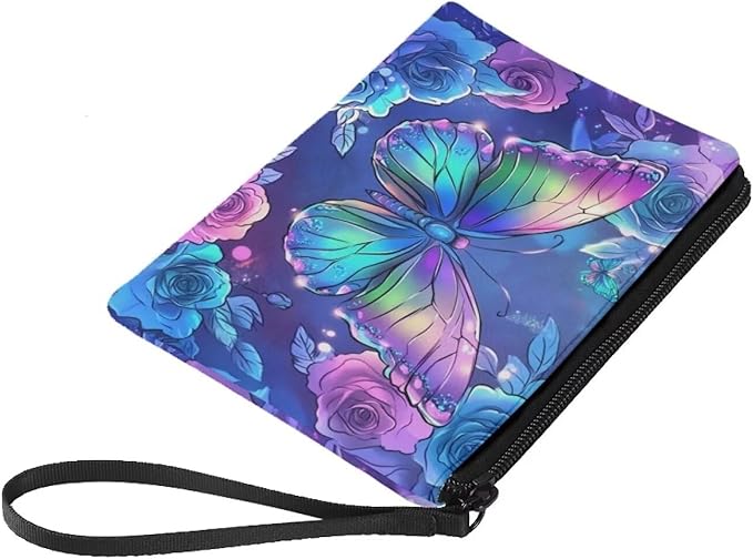 Dolyues Fashion Change Purses Pouch Bag Small Clutch Bags for Women, Coins/Cards Storage/Purple Butterfly and Rose Print Wallet Coin Purse with Wristlet
