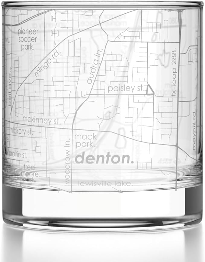 Well Told Engraved Denton Texas Map Rocks Glass, Old Fashioned Glassware (11 oz, Clear) Etched Bourbon Tumbler, Gifts For Whiskey Lovers