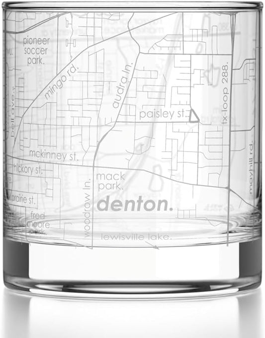 Well Told Engraved Denton Texas Map Rocks Glass, Old Fashioned Glassware (11 oz, Clear) Etched Bourbon Tumbler, Gifts For Whiskey Lovers