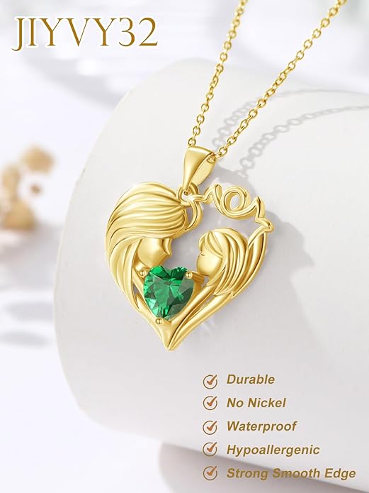 Mother and Daughter/Son Love Heart Necklace White Gold/14K Gold/Rose Gold Birthstone Jewelry Christmas Mothers Day Birthday Gifts For Mom Wife Grandma Women